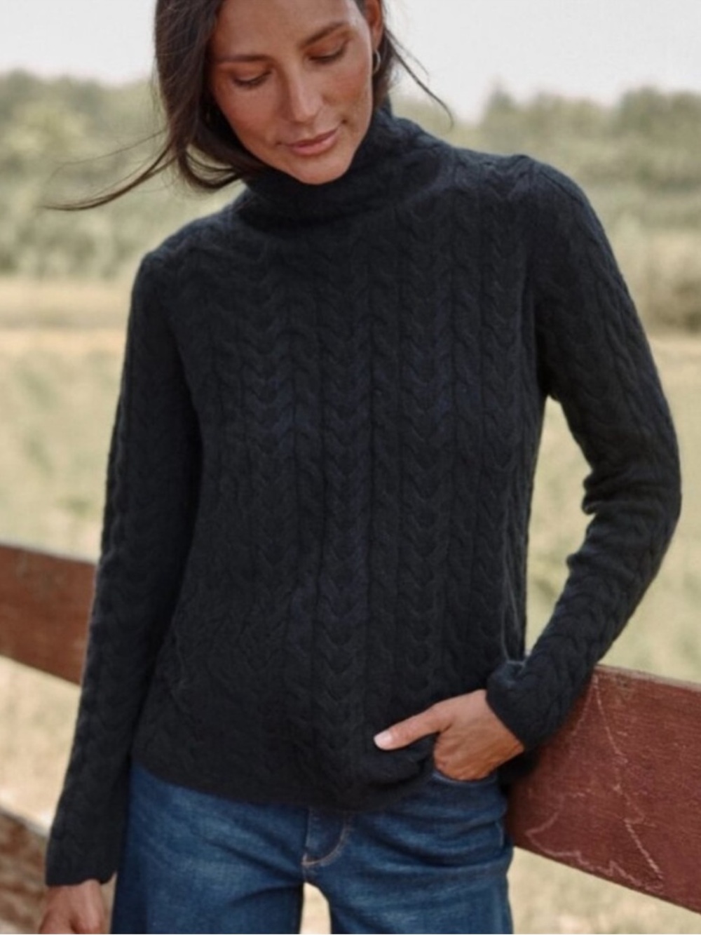 Garnet Hill Black Cashmere Cable Turtleneck Sweater XL Quiet Luxury Minimalist